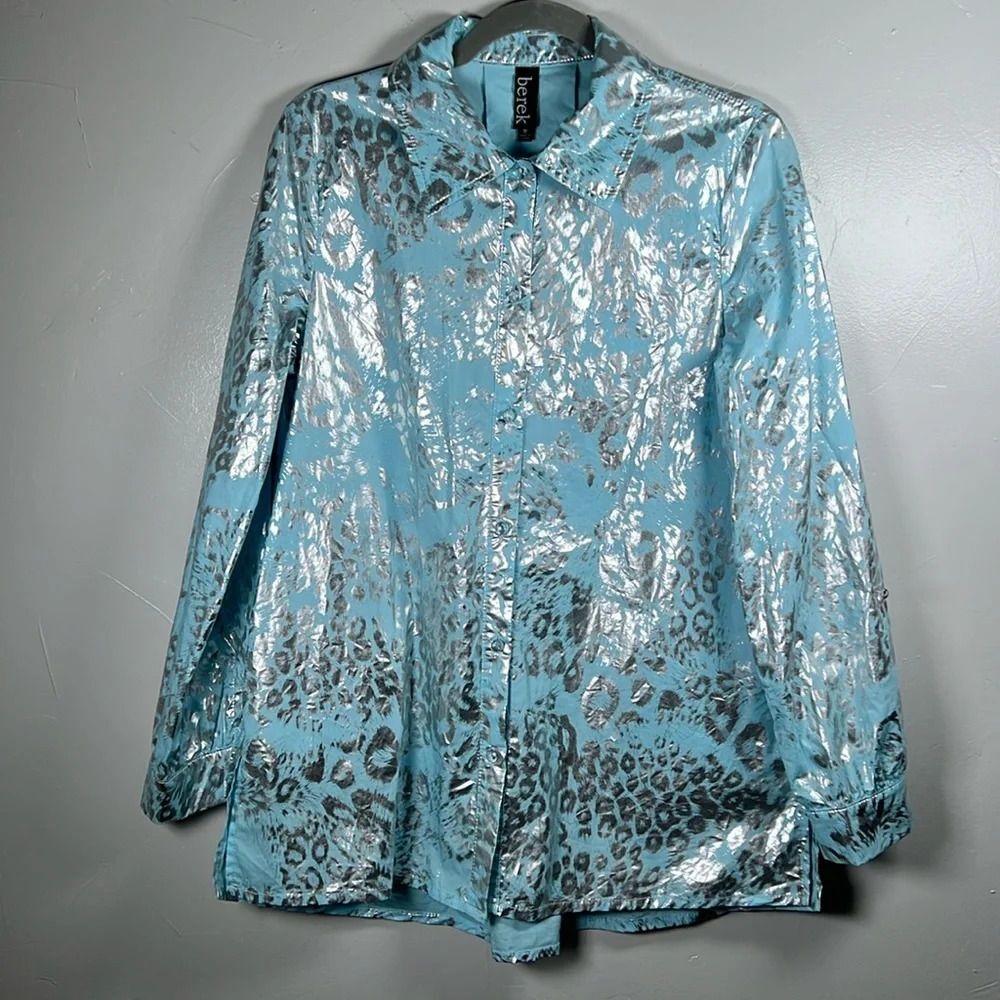 Berek Blue Silver Leopard Print Button Up Cotton Shirt Size Medium